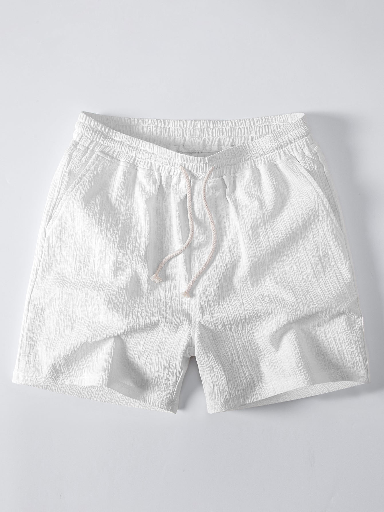 Crochet V Neck Polo Shirt & Crinkle Textured Drawstring 5" Shorts