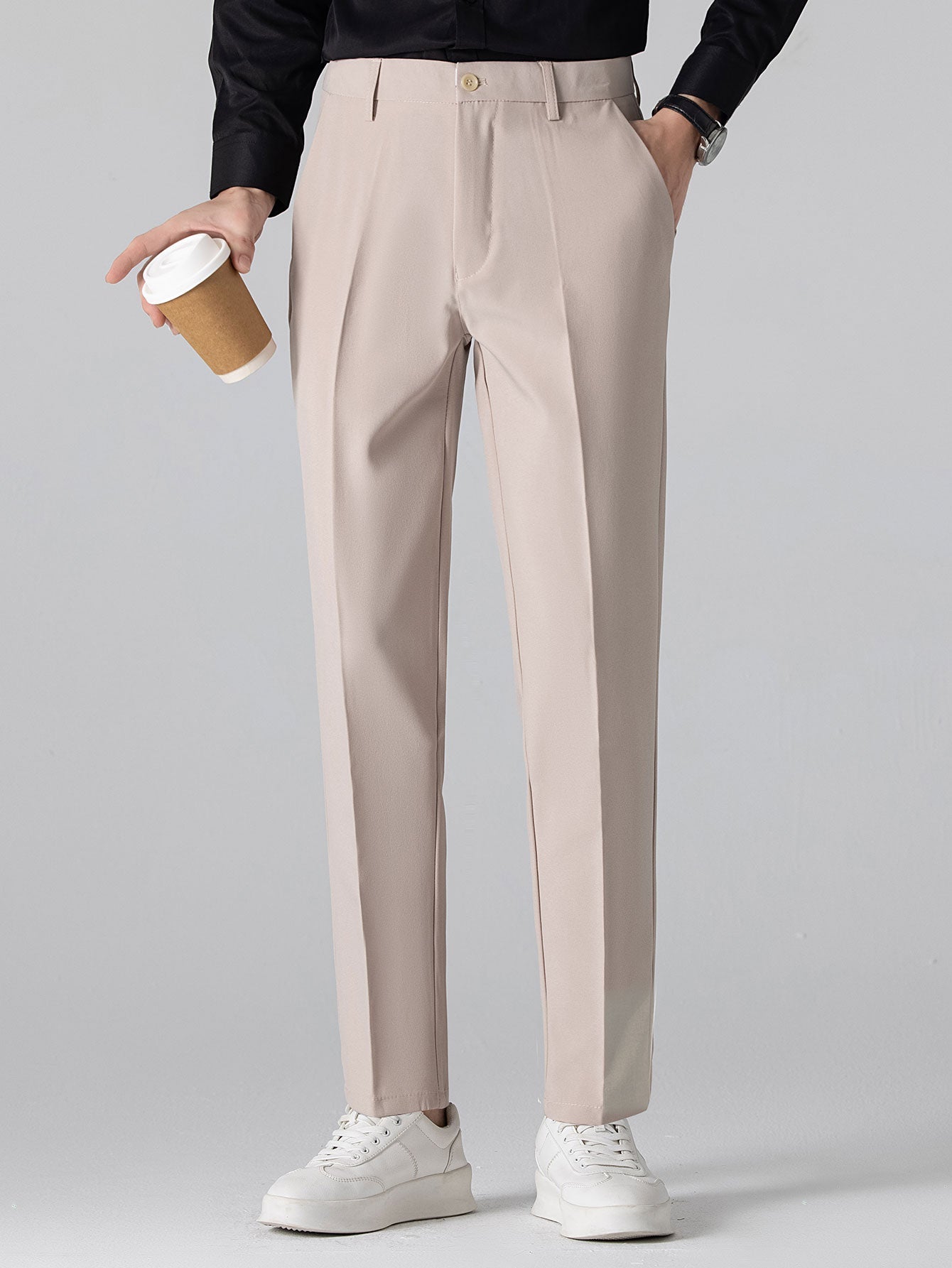 Contrast Trim Ribbed Knit Shirt & Slim Fit Tapered Trousers
