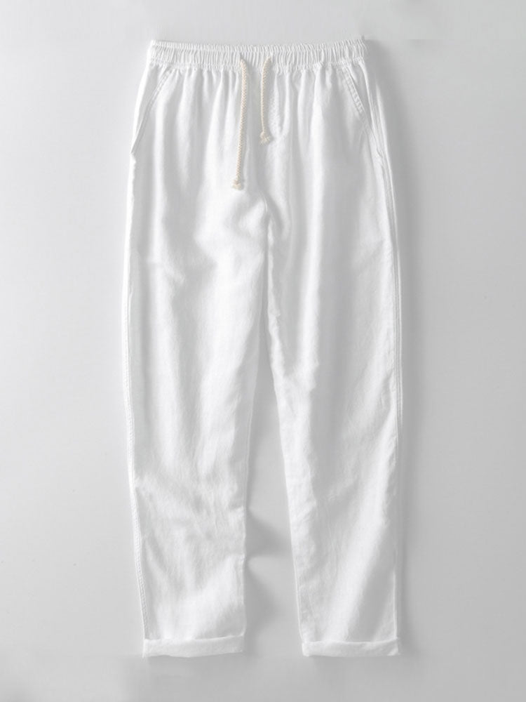 Stripe Johnny Collar Open Knit Polo & Straight Leg Linen Pants