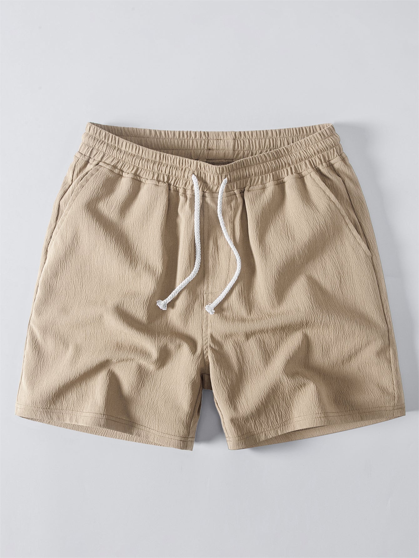 Short Sleeve V Neck Linen Rayon Blend Shirt & Crinkle Textured Drawstring 5" Shorts
